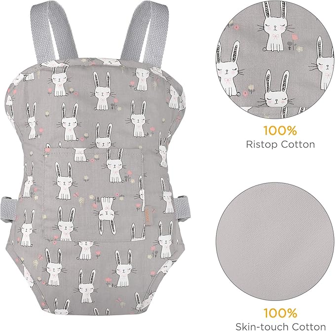 GAGAKU Baby Doll Carrier for Little Girls, Reborn Doll Accessories for Toddlers 1-3, Kids Toy Baby Dolls Sling Carrier - Gray - Rabbit