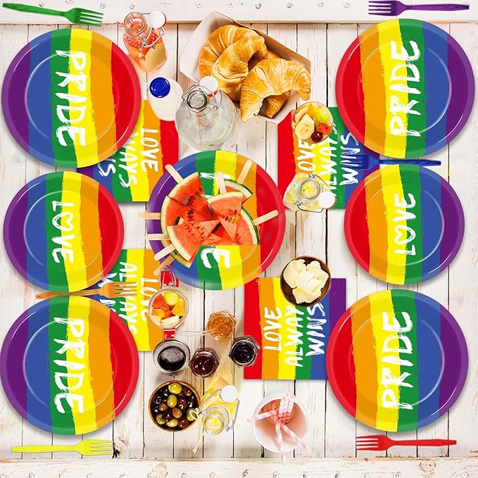 ZOIIWA 96PCS Pride Party Decorations Tableware Set Rainbow Party Supplies for 24 Guests Disposable LGBT Dinnerware Plates Napkins Forks for Rainbow Gay Pride Theme Favors