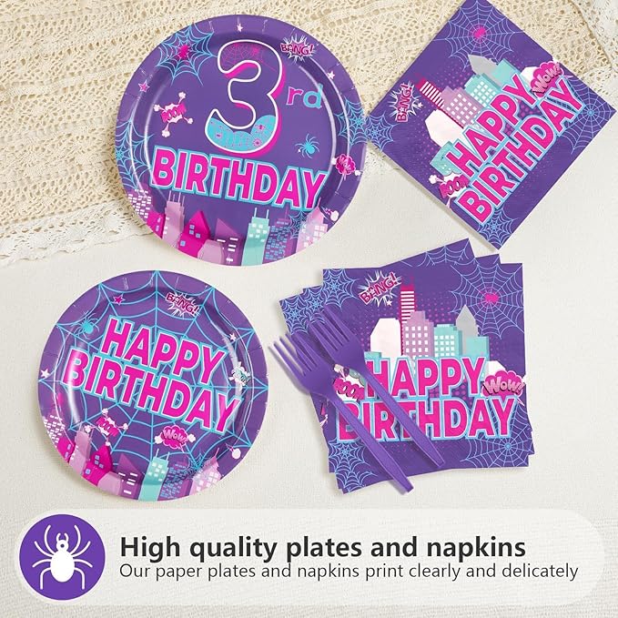 Purple Spider 3rd Birthday Party Decorations Purple Spider Themed Plates and Napkins Cartoon 3rd Decorations for 3 Years Old Boys Girls Kids Birthday Party Supplies