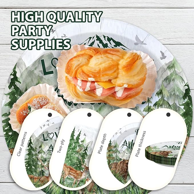 96Pcs Woodland Bridal Shower Decorations The Adventure Begins Plates and Napkins Forest Theme Tableware Set for Girls Women Woodland Bridal Shower Engagement Wedding Party Supplies Serves 24