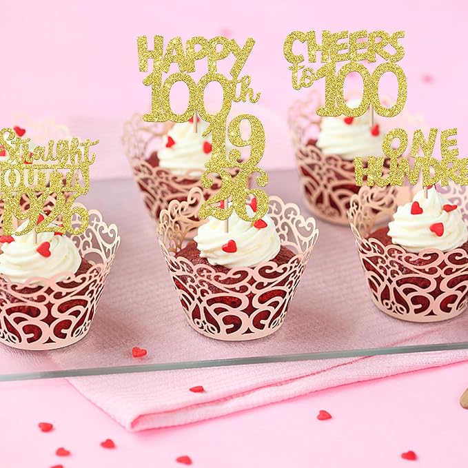 30PCS Happy 100th Birthday Cupcake Toppers Gold Glitter One Hundred Years Straight Outta 1926 Cupcake Picks 100 Fabulous Cake Decorations for 100th Birthday Anniversary Party Decoration Supplies