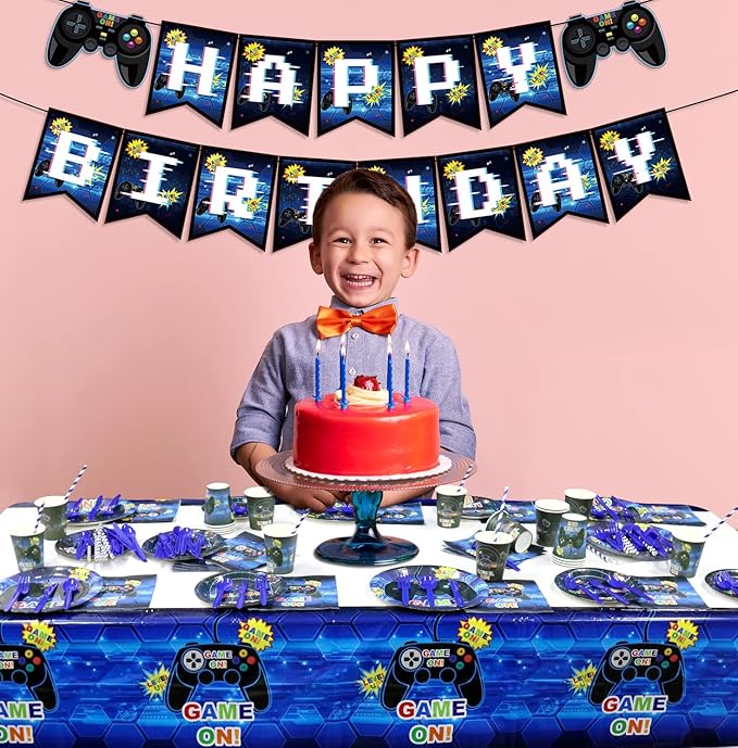 Video Game Party Supplies - Game Birthday Decoration Kit for Boys, Including HAPPY BIRTHDAY Banner, Plates, Cups, Napkins, Tableware, Tablecloths, for Kid Birthday Decoration - Serves 20