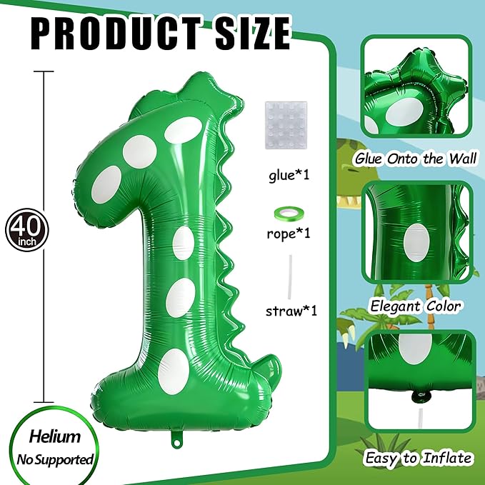 Green Dinosaur Balloons 1st Birthday Decorations For Boys,40inch Big Dinosaur Number 1 Balloon Birthday Party Decoration for Kids Birthday Party Decoration Supplies