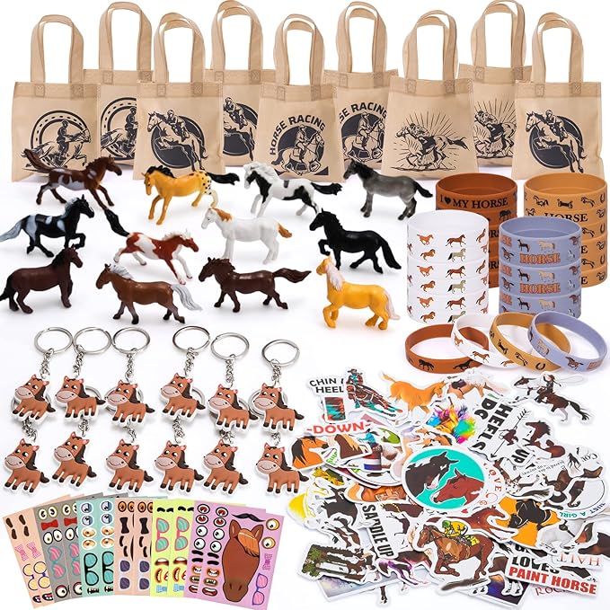 Winrayk 110Pcs Horse Birthday Party Favors Supplies, Non-Woven Gift Bags Mini Figurines Make Your Own Stickers, Gifts Toys Kids Western Cowboy Cowgirl Farm Animals Horse Birthday Party Supplies Decor