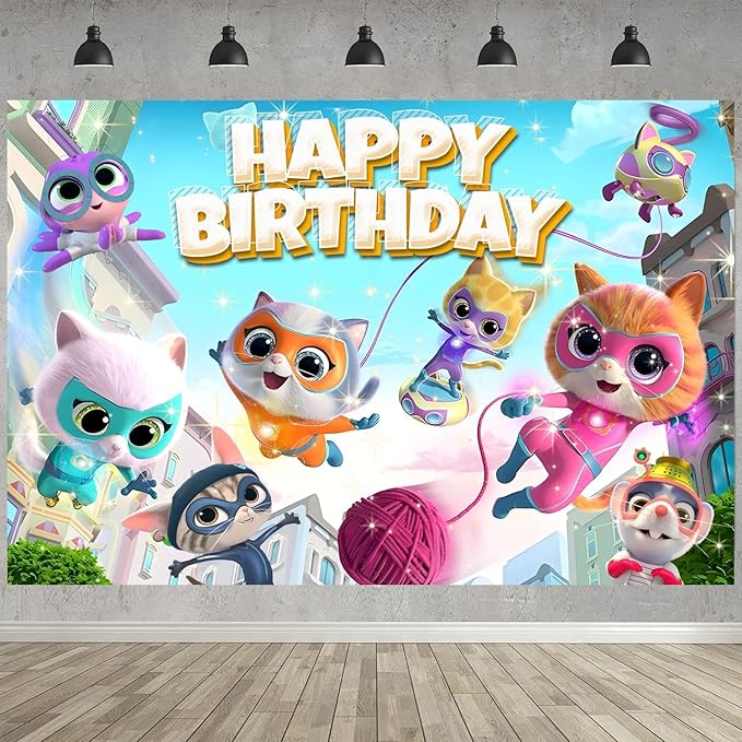 Super Cat Birthday Party Decoration,Kitties Party Photo Background 5 x 3 FT and 18 Pcs Balloon,Cat Merch Party Backdrop Supplies