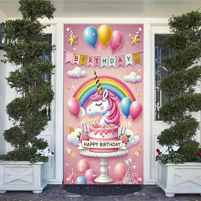 Unicorn Birthday Door Cover 71 x 35 inch Party Decoration Rainbow Cake Backdrop Door Banner for Girls Kids Birthday Celebration Photography Background Party Supplies