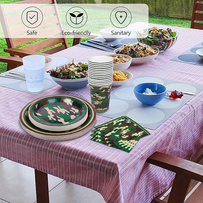 durony 96 Pieces Camouflage Themed Party Supplies Serve 24 Include Dinner Paper Plates Luncheon Napkins Party Cups for Camouflages Hunting Army Military Civil War Party Decorations