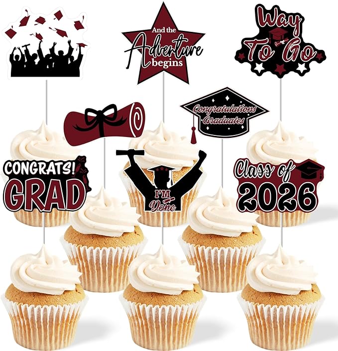 2026 Graduation Cupcake Toppers - 48 Pcs Maroon Graduation Party Supplies Mini Cake Food/Appetizer Picks For Class of 2026 Graduation Decorations