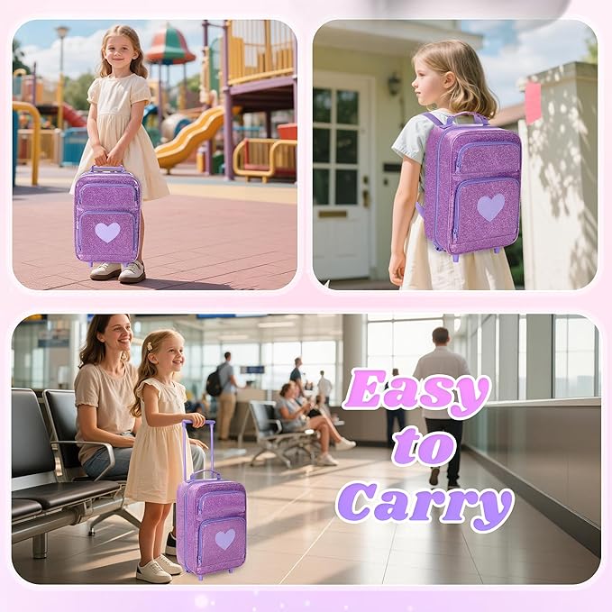 LoDrid Travel Backpack Compatible with Barbie Dolls 12-inch, Doll Carrying Case with Wheels, Suitcase Storage Organizer with Multiple Pockets for Doll Clothes and Accessories, Purple, Bag Only