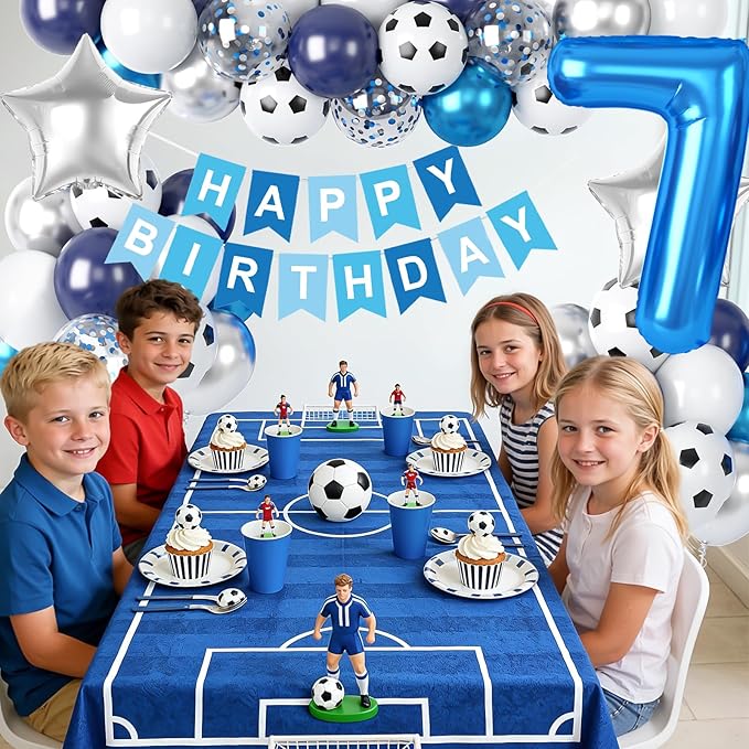 7th Soccer Birthday Party Decorations for Boys, Soccer Theme Party Decorations with Blue White Silver Balloons 'HAPPY BIRTHDAY' Banner 32in Foil 7 Balloon for Boy Kids Men Birthday Baby Shower Decor