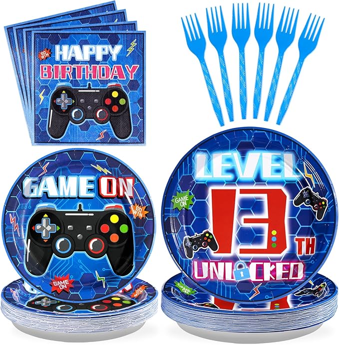 Grencian 96Pcs 13th Birthday Party Decorations Blue Video Game Plates Disposable Blue Official Teen 13th Birthday Paper Tableware Set for Boys 13 Year Old Video Game Theme Party Supplies, Serves 24