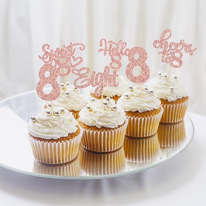 30Pcs 8th Birthday Cupcake Toppers Glitter Eight Hello 8 Cupcake Picks Cheers to 8 Years Old Cake Decorations for 8th Birthday Party Supplies Rose Gold