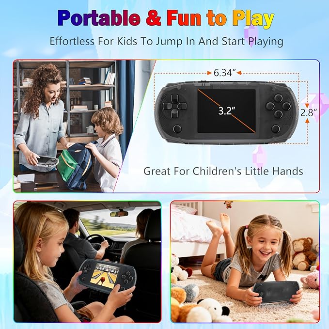 16 Bit 3.2" IPS Large Screen Handheld Game Console for Kids Preloaded 100 Retro Video Games, Portable Gaming System Rechargeable Battery, Mini Travel Electronic Toy Gifts for Boys Girls (Black)