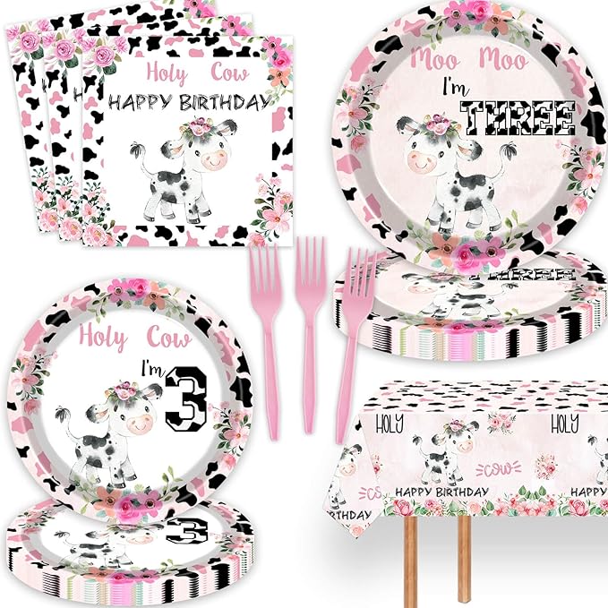 51 Pcs Holy Cow I'm Three Girls Birthday Party Supplies Moo Moo I'm Three Tablecloth Paper Plates Napkins Forks Dinnerware for Farm Animals Cow Theme Girls 3rd Birthday Party Supplies Decorations