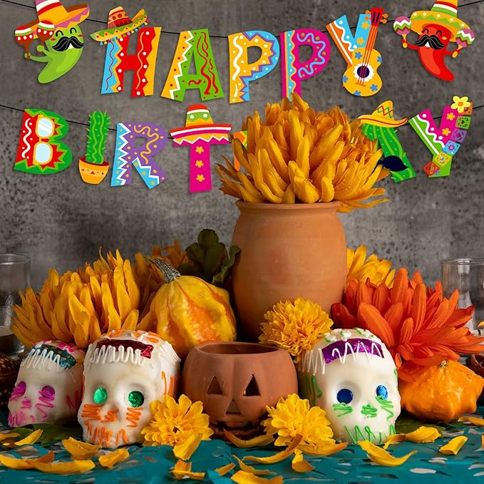 Whaline 2Pcs Mexican Happy Birthday Banner Colorful Mexican Fiesta Birthday Bunting Garland Cinco De Mayo Taco Paper Banner Pre-Assembled for Mexican Carnival Birthday Hanging Decor Party Supplies