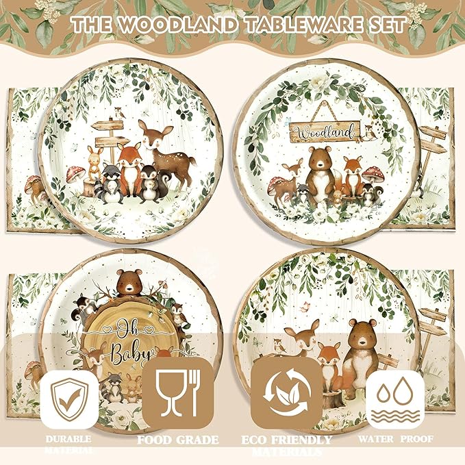 40 Pcs Woodland Plates and Napkins Tableware Sets for Woodland Baby Shower Party Supplies, Safari Jungle Animal Party Decorations Which Can Serve 20