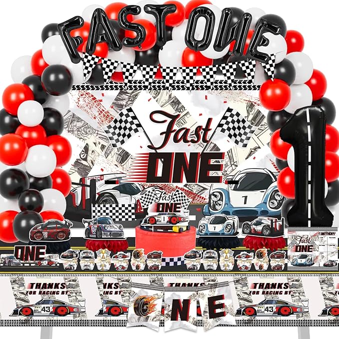 Mpanwen Fast One Birthday Decorations for Boys, 153 Pcs Race Car Birthday Party Supplies - Backdrop, Toppers, Cupcakes Wrappers, Tablecloth, Flags, Centerpiece, Highchair Nanner, Crown and Poster