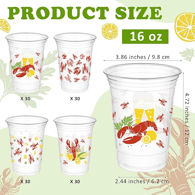Kochorie 16 Oz Plastic Crawfish Boil Cups 120 Pcs Crawfish Party Supplies Clear Cups Plastic Drinking Cup Lobster Cups Crawfish Boil Party Cups for Lobster Seafood Party Birthday Decoration
