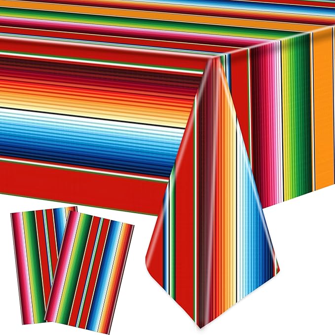 2 PCS Mexican Fiesta Plastic Tablecloth 108 x 54 Inch Mexican Striped Disposable Table Covers Waterproof Cinco De Mayo Rectangle Party Table Cloth for Fiesta Taco Mexico Themed Birthday Party Supplies