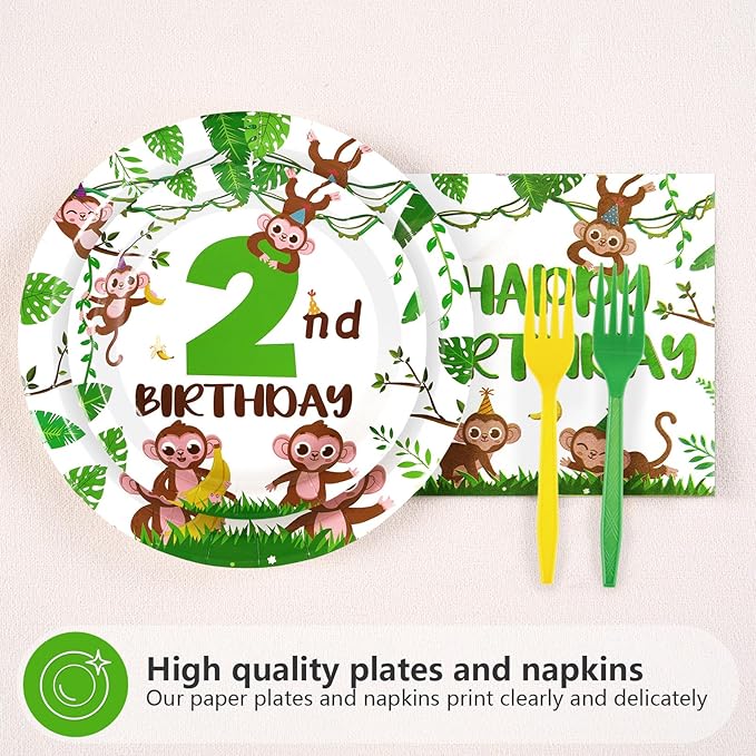 96Pcs Monkey 2nd Birthday Decorations Jungle Wild Animal Plates and Napkins Monkey Theme Disposable Paper Tableware Set for Boys Girls Two Years Old Birthday Party Supplies Serves 24