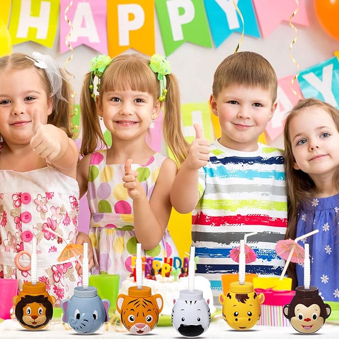 Hoolerry 24 Sets Zoo Animal Cups with Straws and Lids, 10 oz Plastic Reusable Safari Jungle Animal Theme Kids Cups for Safari Birthday Party Supplies