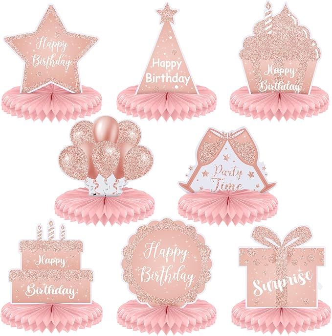 Yexiya 8 Pcs Pink Birthday Centerpiece Table Decoration, Happy Birthday Honeycomb Centerpieces Honeycomb Table Toppers for Men Women Party Supplies