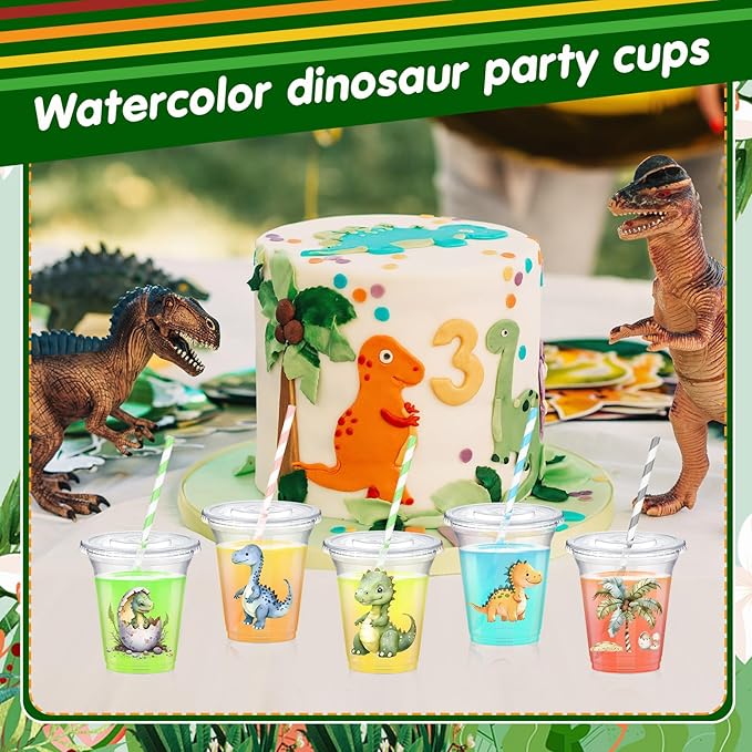 Boao 36 Sets Dinosaur Baby Shower Favors Watercolor Dinosaur Party Cups with Lids and Paper Straws 14 oz Dino Birthday Party Supplies Dino Disposable Clear Plastic Cups Bulk