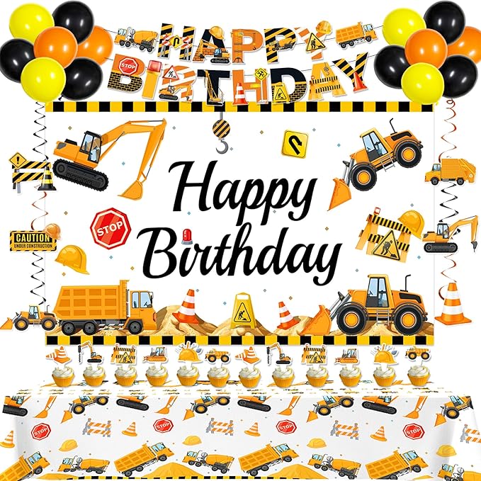 Construction Birthday Party Decorations, Dump Truck Excavator Birthday Party Decorations Construction Themed Balloons, Banner, Backdrop, Tablecloth, Cake Toppers for Boys Kids Party Supplies