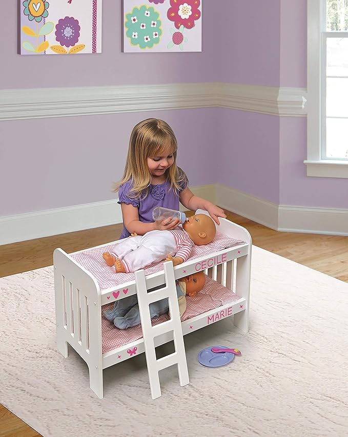 Badger Basket Doll Bunk Bed with Bedding & Ladder - Two Level Wooden Bed for Dolls, Includes Bedding & Accessories- White/Pink Gingham