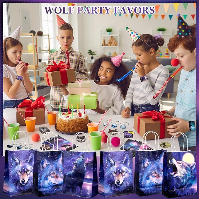Abbylike 48 Pcs Wolf Party Favors Party Decor Birthday Supply Wolf Paper Bag Gift Mini Notebook Keychain Slap Bracelet Sticker for Baby Shower Holiday
