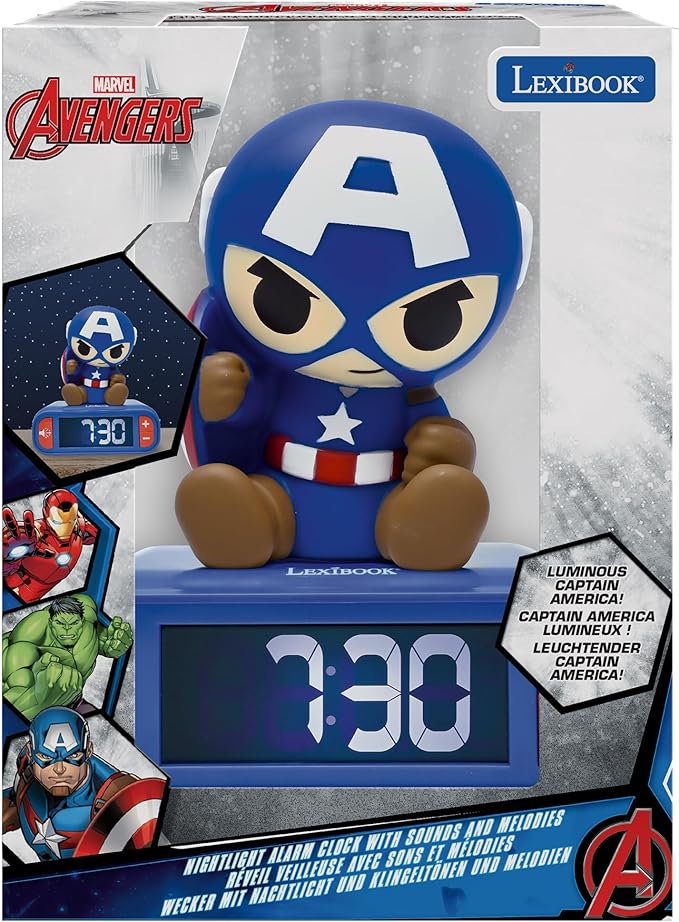 LEXiBOOK, Marvel Avengers, Avengers Nightlight Alarm Clock, Sounds and Melodies, Backlit LCD Screen, Luminous, Snooze, RL800AV1