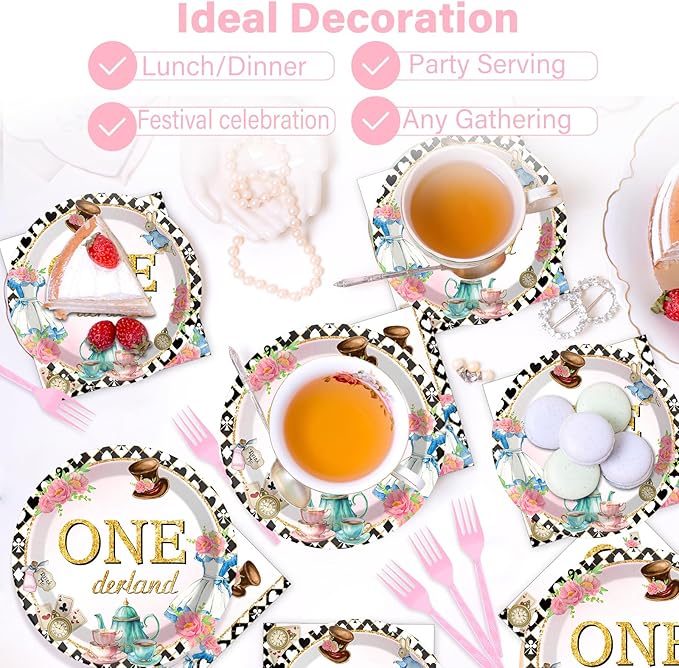 100Pcs Wonderland 1st Birthday Party Supplies - Onederland 1st Birthday Paper Plates, Napkins, Fork Set, Disposable Fairy Tableware Decorations for Girls Baby Shower Dinner Serves 25