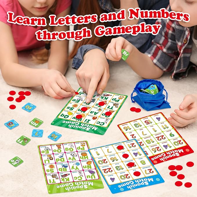 Spanish Alphabet Bingo Games,Letter/Number/Sight Word for Kindergarten,ABC and 123 Bingo Board Match Games for Kids 4-6,Learn Spanish Flash Cards,Toddler Educational Toys