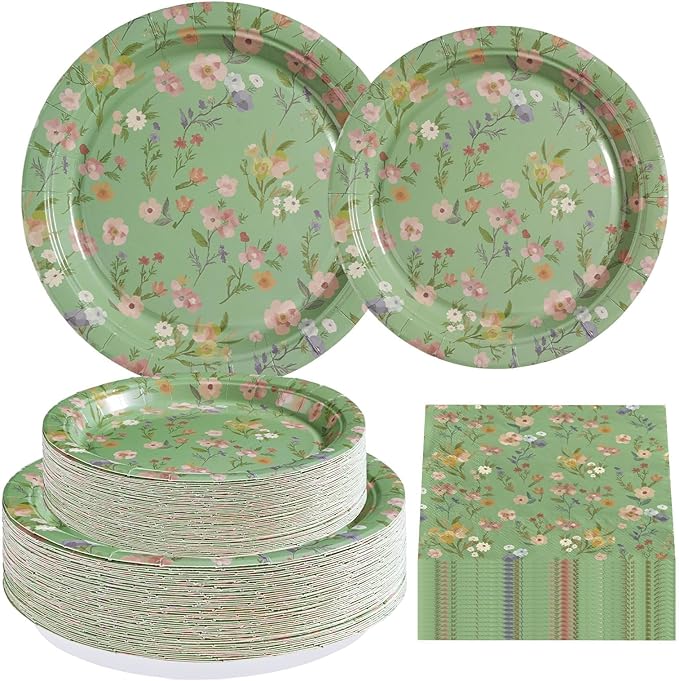 200 Pcs WildFlower Plates and Napkins Green Vintage WildFloral Party Supplies Greenery Disposable Flower Theme Tableware Set for Spring Wedding Birthday Tea Party Decorations Serves 50