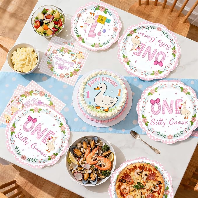 96Pcs One Silly Goose Birthday Party Decorations Goose 1st Birthday Paper Plates and Napkins Sets Pink Bow Cute Wreath Geese Decorations for Baby Girls One Year Old Bday Party Supplies Serves 24