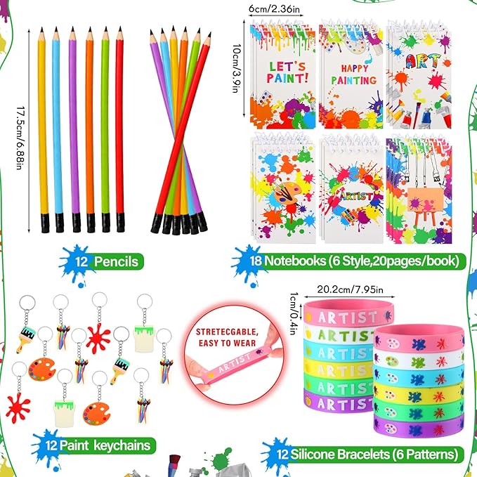 Jenaai 102 Pcs Art Paint Party Favor Supplies Set Gift Includes 12 Drawstring Backpacks 12 Bracelets 12 Badges 12 Keychains 18 Spiral Notepads 12 Pencils 12 Stickers 12 Necklaces