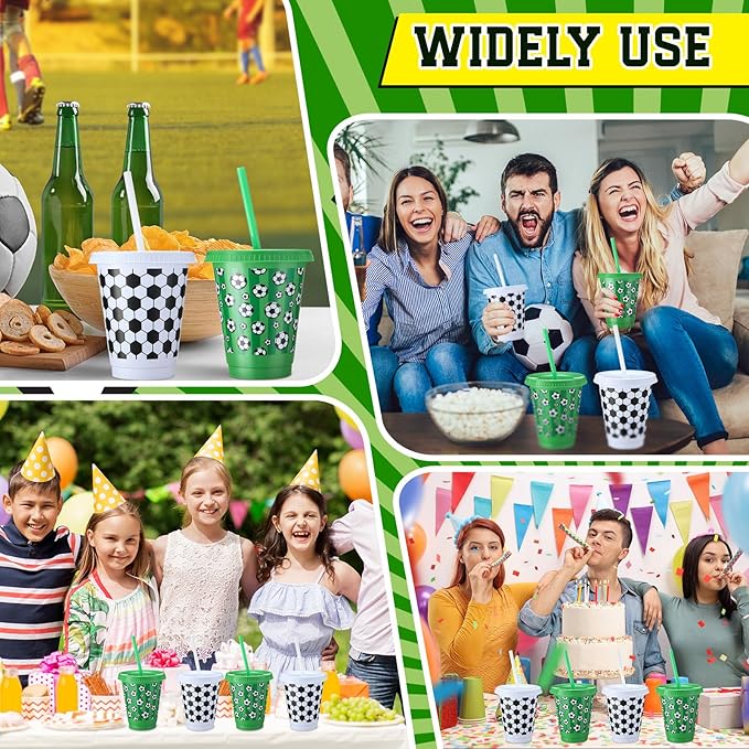 Sieral 30 Pcs Soccer Cups with Straws and Lids 16 oz Football Cups White Green Plastic Tumblers Reusable Iced Coffee Travel Mug for Sport Theme Party Supplies Decorations