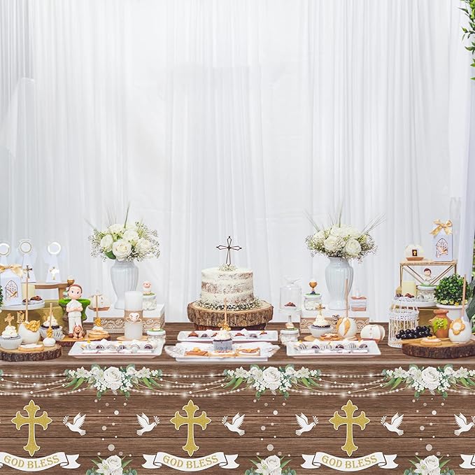 3 PCS God Bless Baptism Tablecloths - Decoration for First Holy Communion, Christening, Newborn Baby Shower Theme Supplies - Plastic Table Cover - Rustic Wood Floral Party Favors