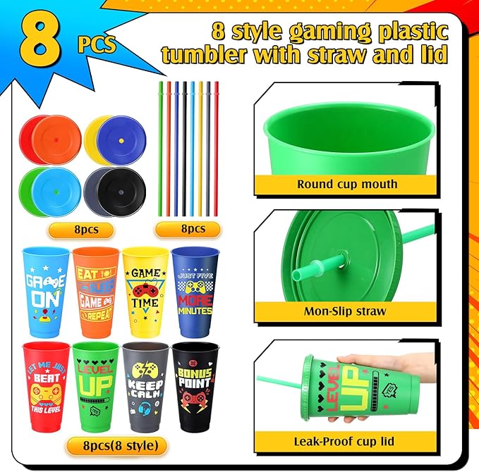 8 Pcs Video Game Plastic Cups Gaming Party Favor with Lids and Straws 24 oz Gamer Reusable Tumbler Water Mug for Fun Video Birthday Party Supplies for Adults (Colorful)