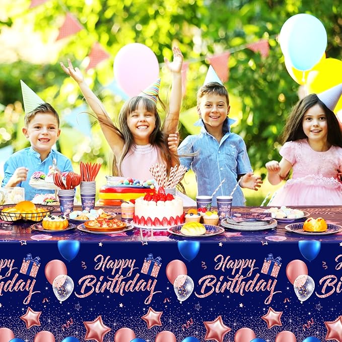 Norme 176 Pcs Navy Blue and Rose Gold Birthday Tableware Set Birthday Decoration Includes Tablecloth Paper Plates Napkins Paper Cups Forks Knifes and Straws for 25 Guests Party Supplies (Bright)