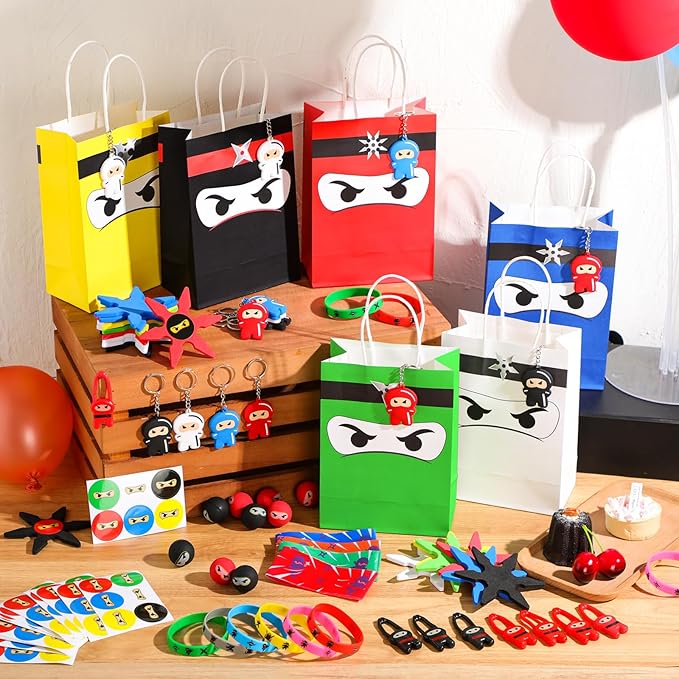16 Guests 128 Pcs Ninja Party Favors Include Ninja Paper Bags Bouncy Balls Throwing Favors Flying Slingshot Headbands Silicone Bracelets Keychains Stickers for Birthday Party Supplies
