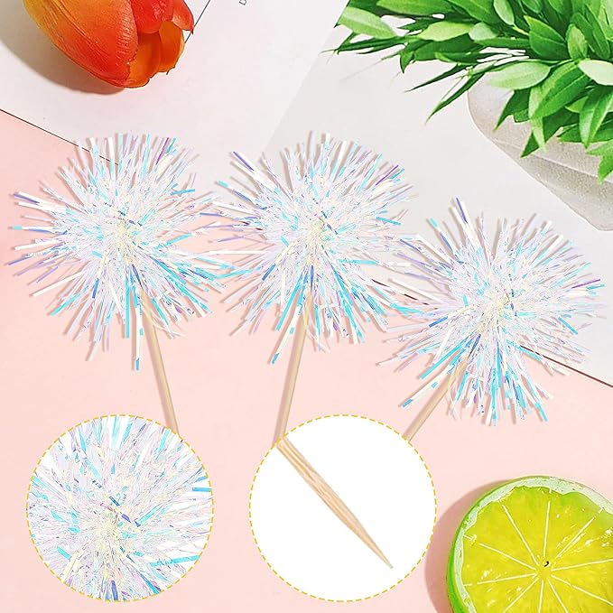 30 PCS Foil Firework Cupcake Toppers Happy Birthday Cupcake Toppers Sparkle Tinsel Flower Drink Stirrers Cocktail Fruit Toothpicks for Valentine's Day Baby Shower Party Cake Decor Supplies White