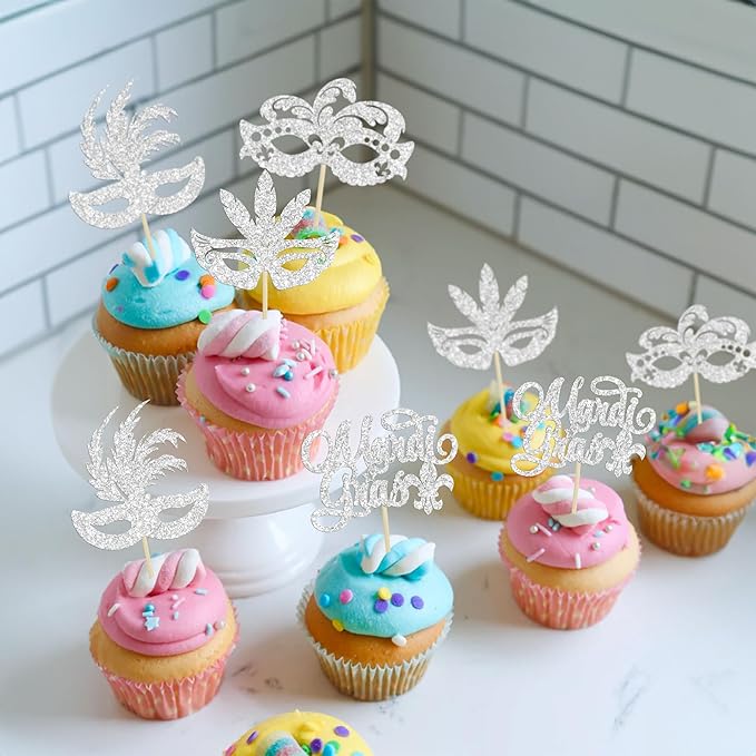 Gyufise 24Pcs Masquerade Masks Cupcake Toppers Silver Glitter Bachelorette Mask Cupcake Topper Mardi Gras Cake Picks Decorations for Masquerade Mardi Gras Party Baby Shower Birthday Party Supplies
