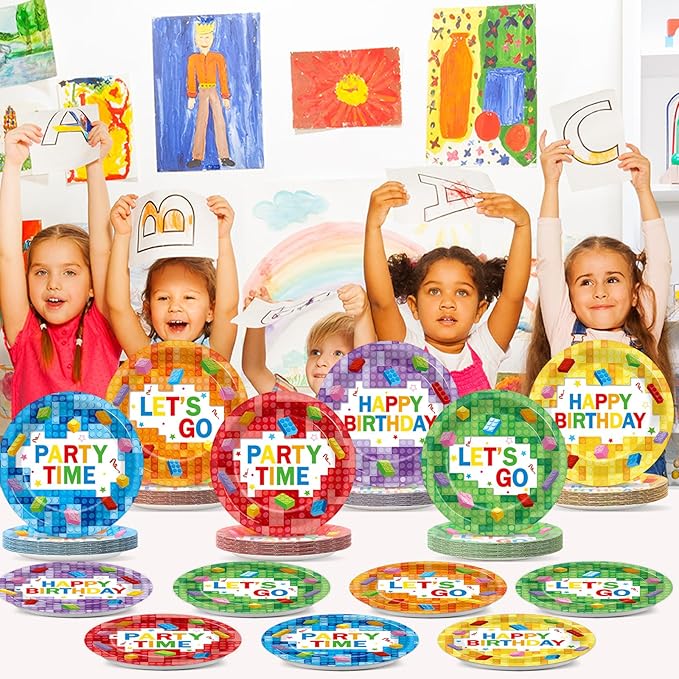 60Pcs Building Block Birthday Party Plates Building Bricks Disposable Paper Dessert Plates for Blocks Birthday Decorations Party Tableware Set for Boys Kids Baby Shower Supplies
