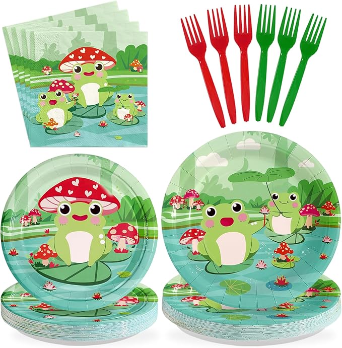 96Pcs Frog Party Supplies Frog Birthday Plates and Napkins Green Animals Tableware Set for Kids Boy Girl Fairy Tale Prince Theme Frogs Birthday Baby Shower Party Supplies，Serves 24