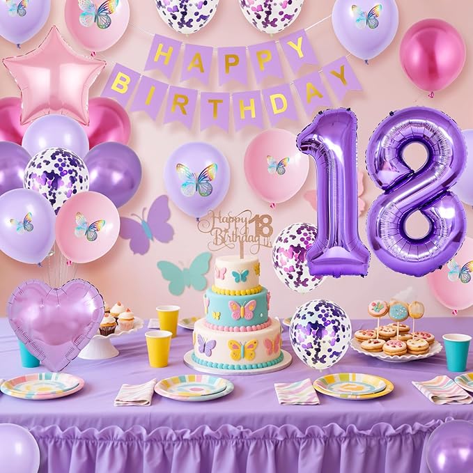 18th Purple Birthday Decorations,Pink Purple 18th Birthday Decorations for Girls Lavender Party Decor Set with Number Foil Balloons Cake Topper Butterfly Stickers for Girls 18th Party Decorations