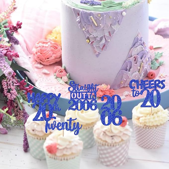 30 PCS 20th Birthday Cupcake Toppers Glitter Twenty Happy 20 Straight Outta 2006 Cupcake Picks for Cheers to 20 Fabulous 20th Birthday Anniversary Party Cake Decorations Supplier Blue