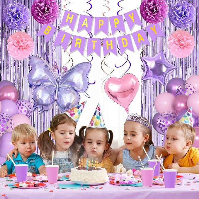 Ouddy Life Purple Pink Birthday Party Decorations for Women Girls, Butterfly Heart Foil Confetti Balloons Happy Birthday Banner Fringe Curtains Hanging Swirls Sash Crown Paper Poms Decor