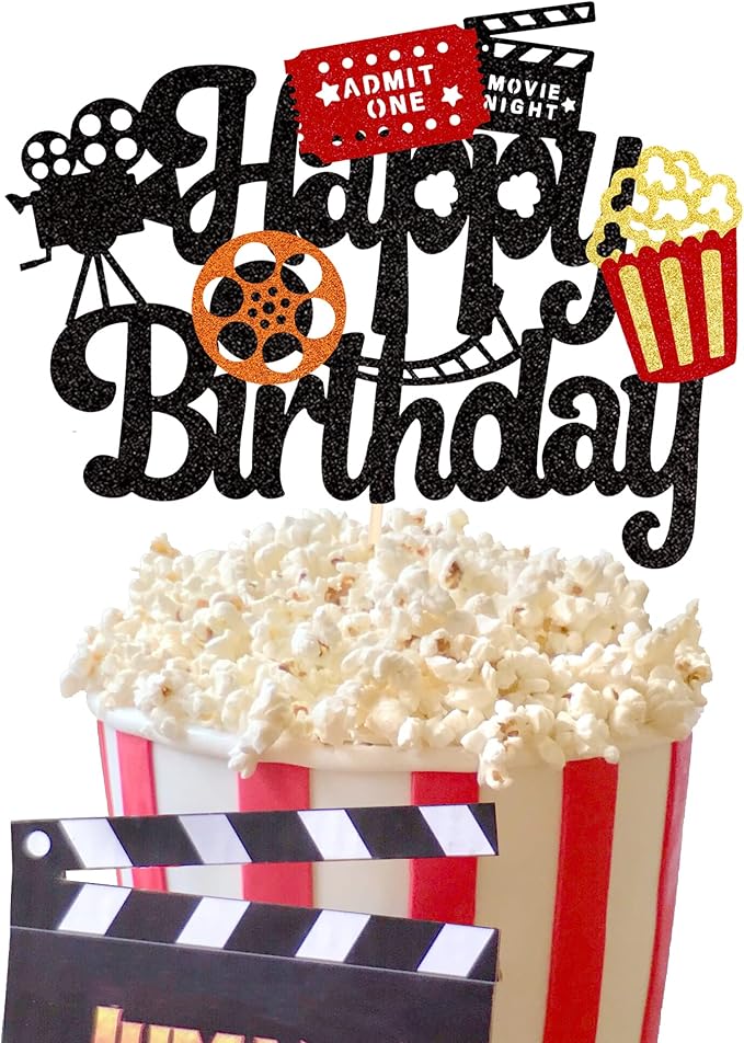 1 PCS Movie Night Cake Topper Happy Birthday Sign Cake Pick Decorations for Theater Video Recorder Roll Camera Popcorn Hollywood Theme Family Film Baby Shower Birthday Party Supplies