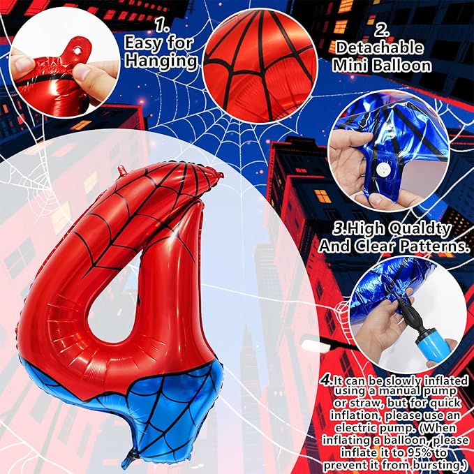 Spider Web Number 4 Balloon Birthday Decoration, Superhero Themed 40in Giant Mylar Number Party Supplies